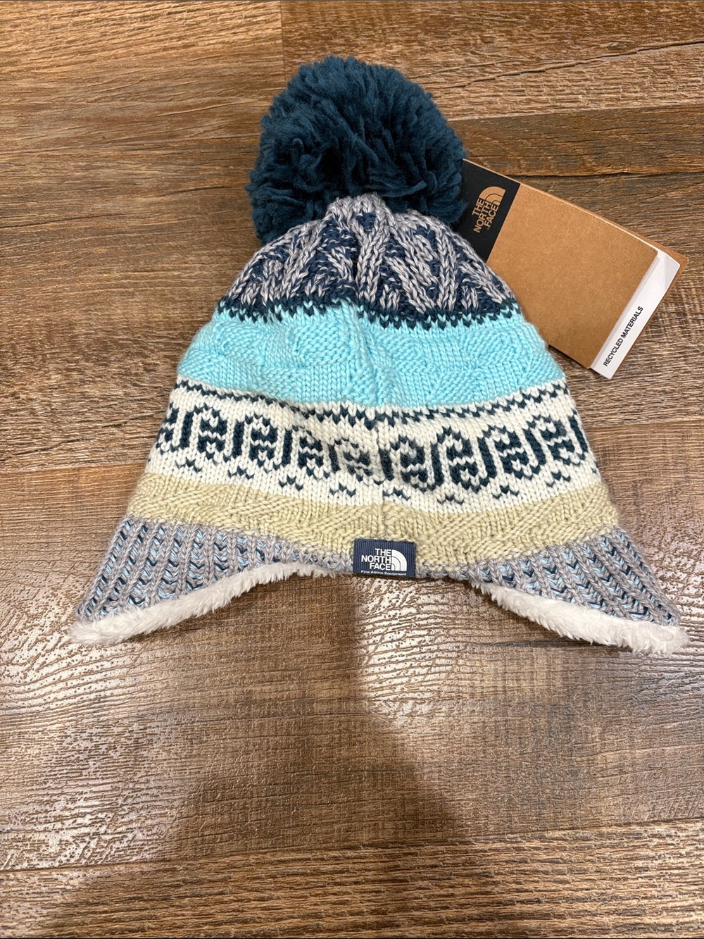 The North Face Kids' Teal, Navy and Cream Pom-Pom Earflap Beanie